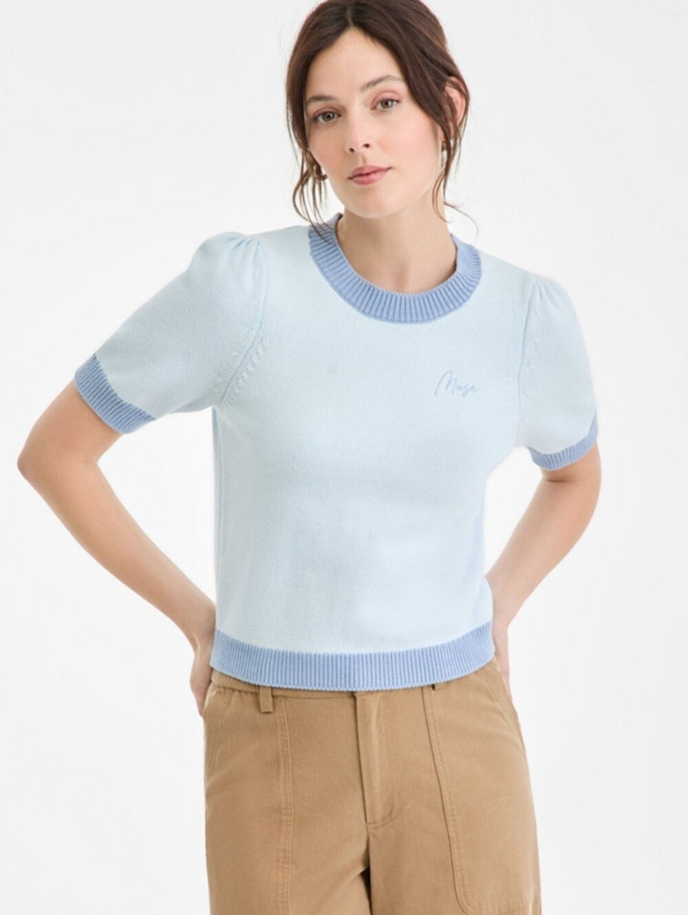 On 34th Light Blue Knit Sweater with Colorblock MUSE embroidery Size L NWT